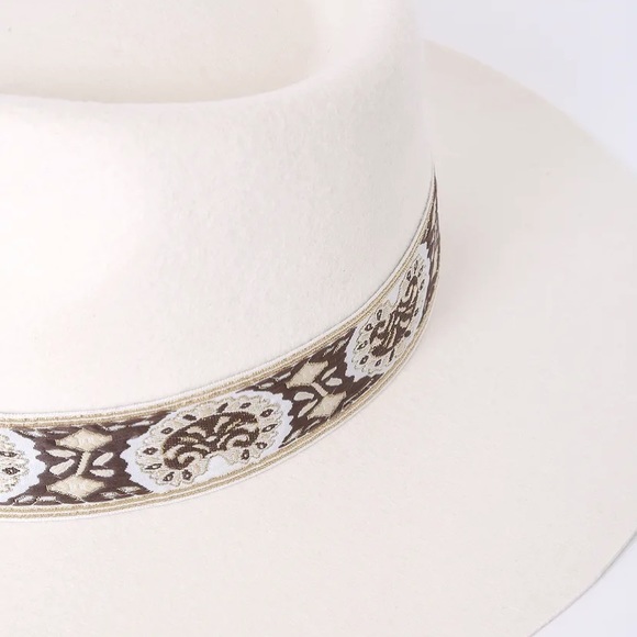 • BOHO LUXE “Beverly” Ivory Wool Wide-Brimmed Fedora Hat • - Picture 3 of 3